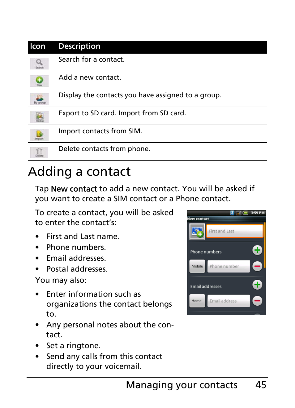 Adding a contact, 45 managing your contacts | Acer E110 User Manual | Page 45 / 76