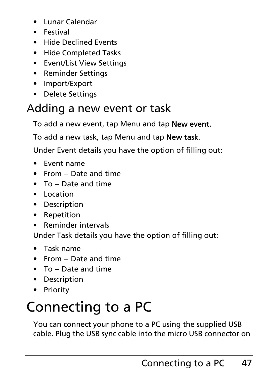 Connecting to a pc, Adding a new event or task | Acer E110 User Manual | Page 47 / 76