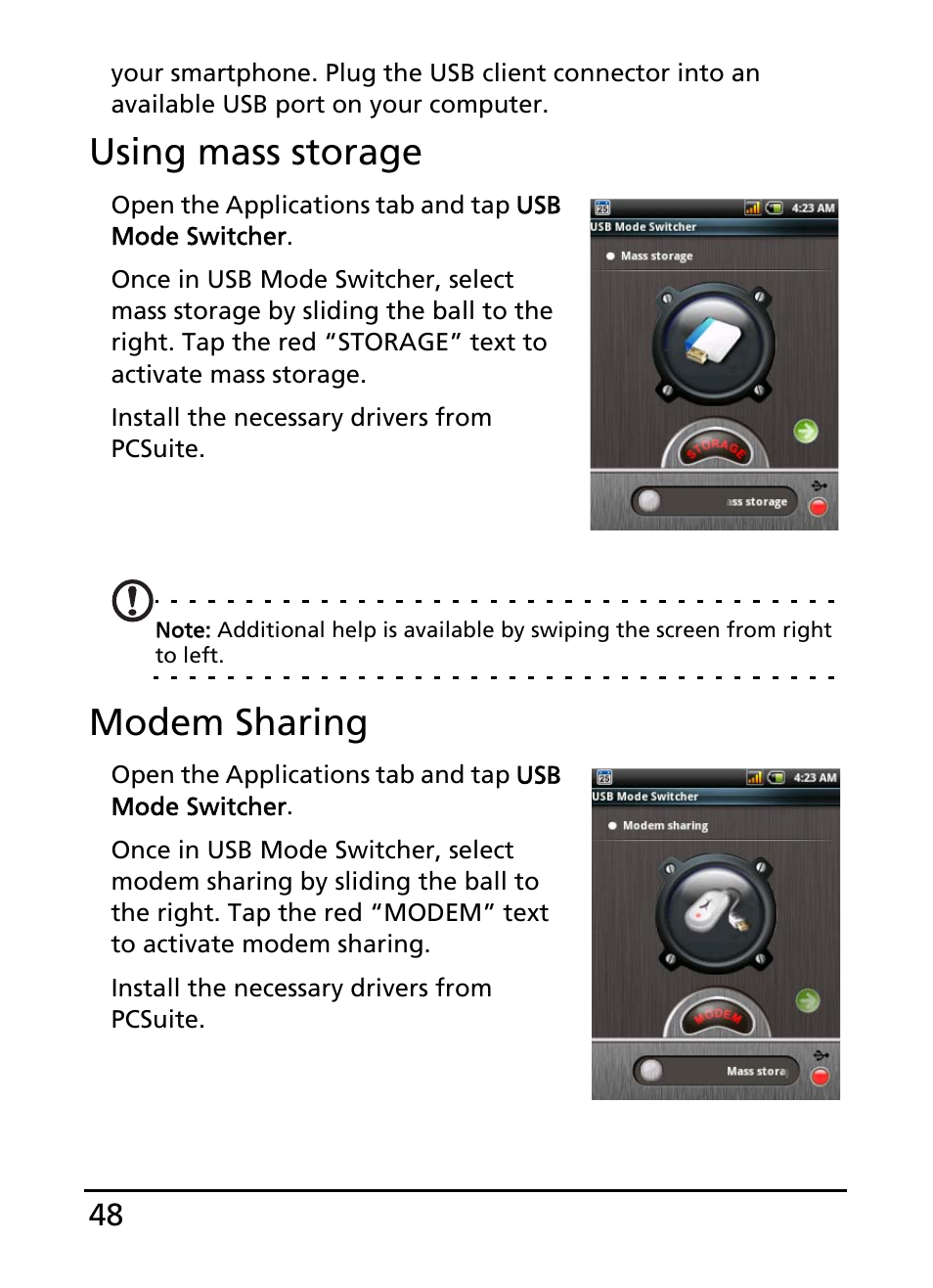 Using mass storage, Modem sharing | Acer E110 User Manual | Page 48 / 76