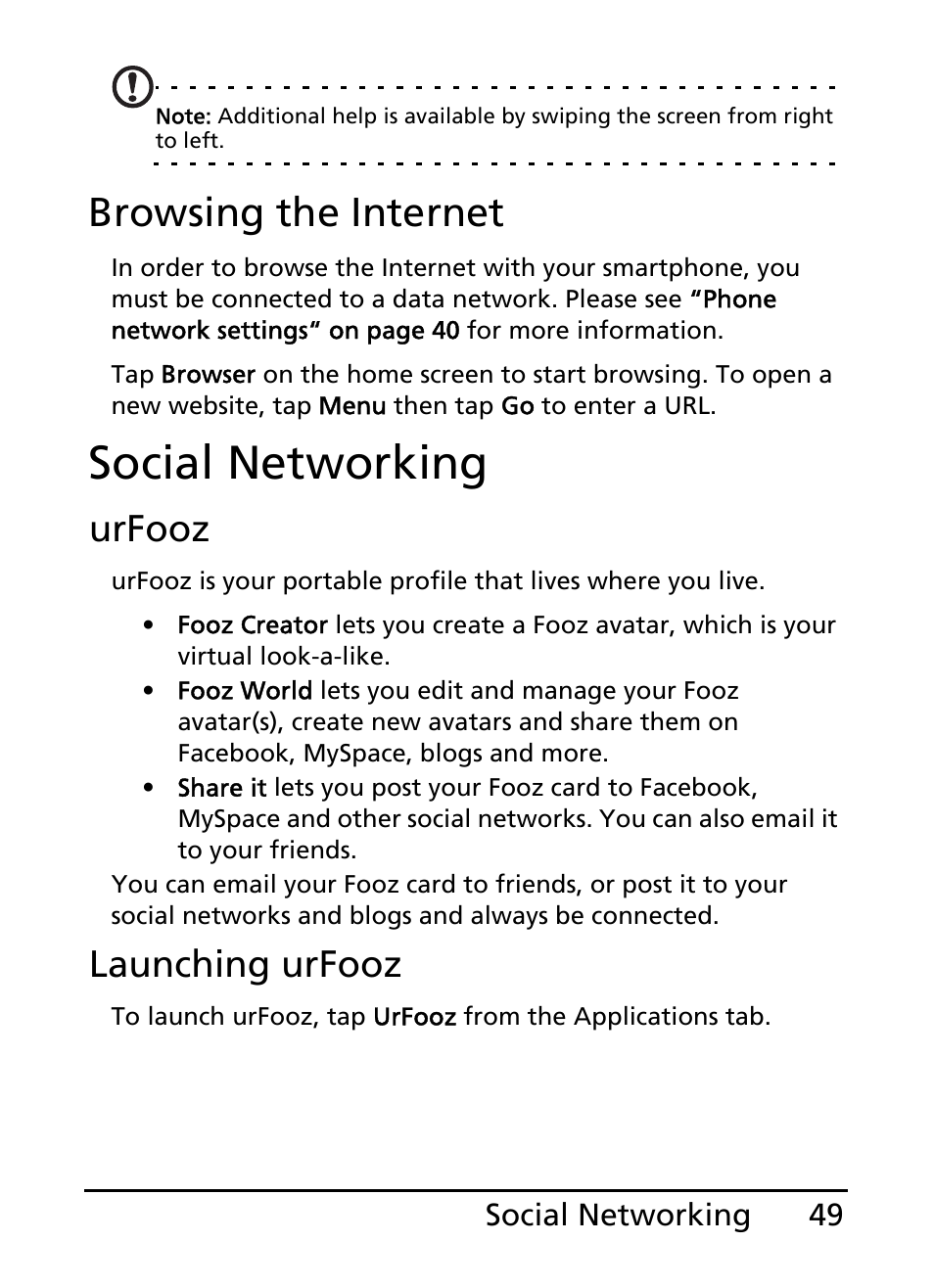 Social networking, Browsing the internet, Urfooz | Launching urfooz | Acer E110 User Manual | Page 49 / 76