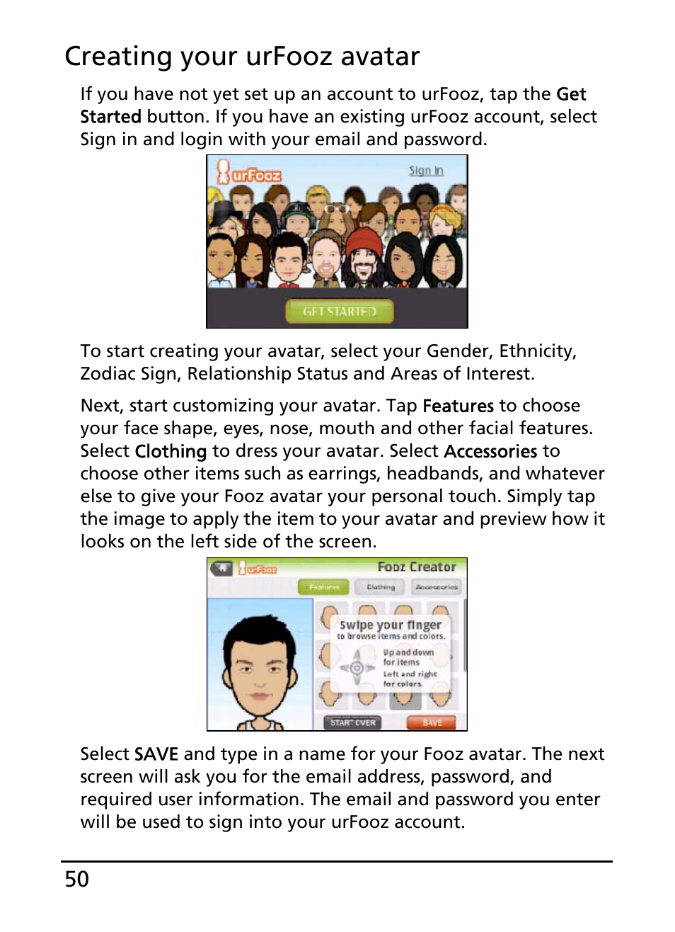 Creating your urfooz avatar | Acer E110 User Manual | Page 50 / 76