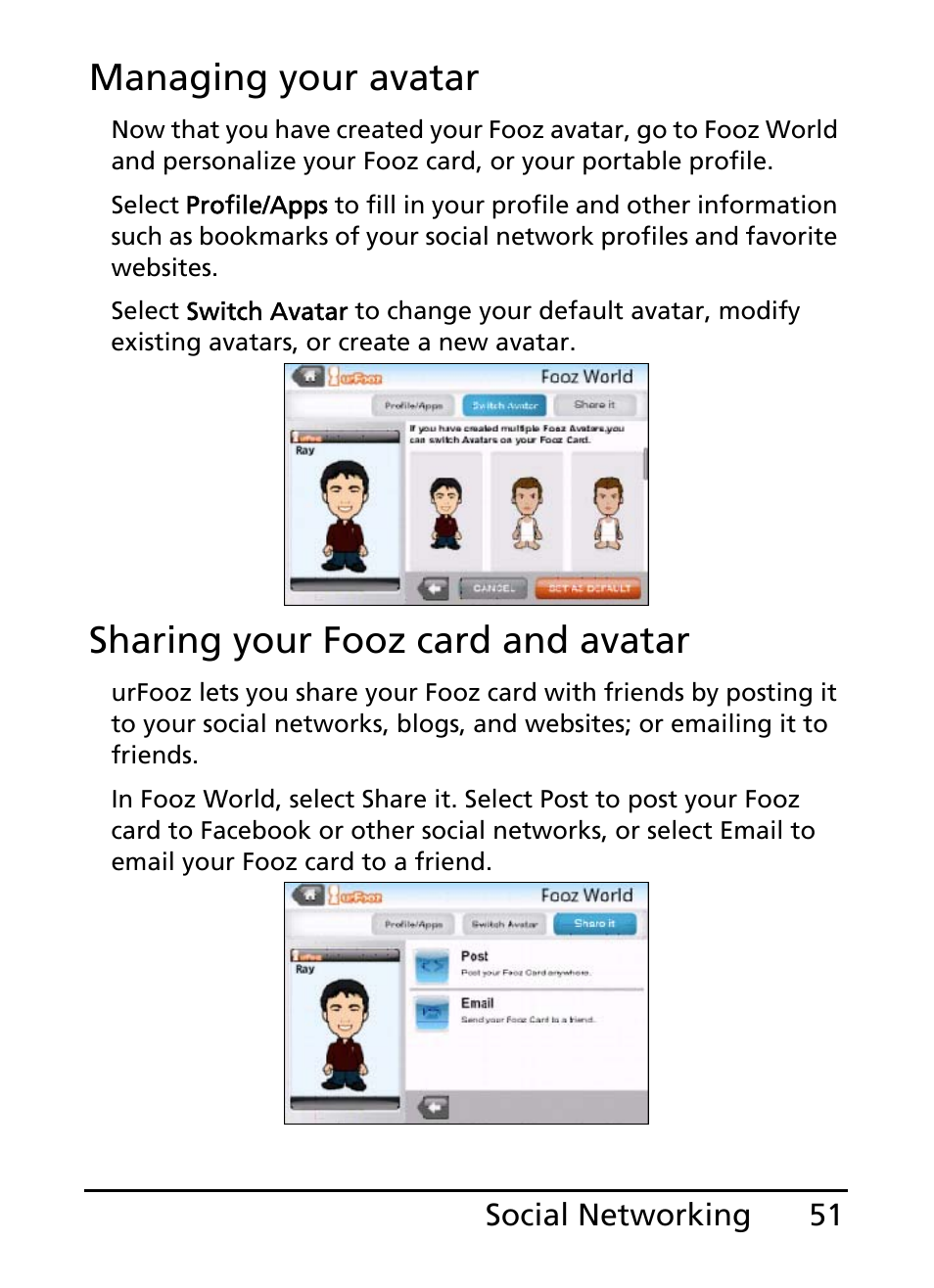 Managing your avatar, Sharing your fooz card and avatar | Acer E110 User Manual | Page 51 / 76