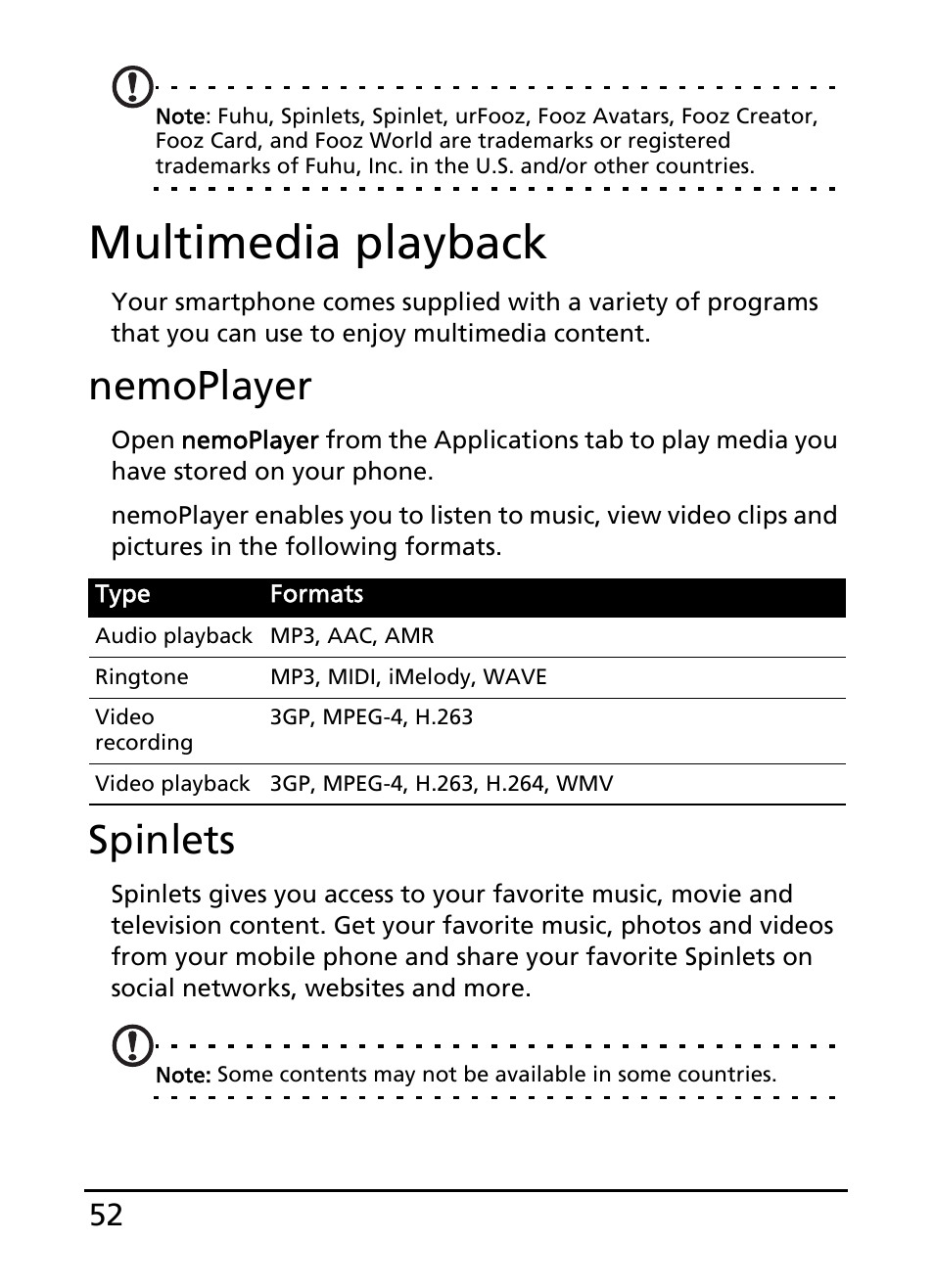 Multimedia playback, Nemoplayer, Spinlets | Acer E110 User Manual | Page 52 / 76