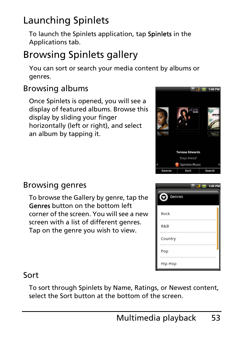 Launching spinlets, Browsing spinlets gallery | Acer E110 User Manual | Page 53 / 76