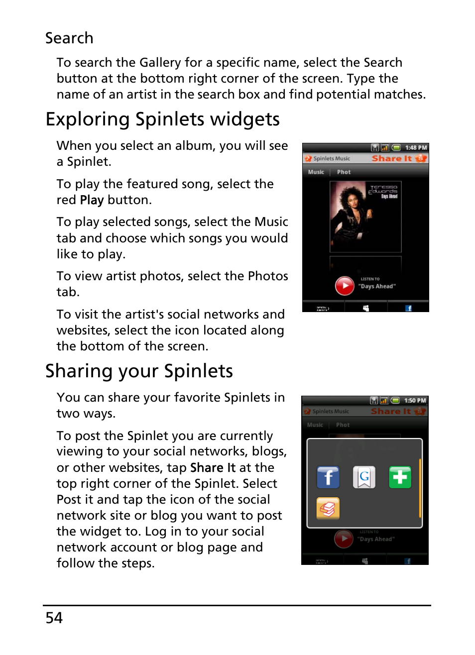 Exploring spinlets widgets, Sharing your spinlets | Acer E110 User Manual | Page 54 / 76