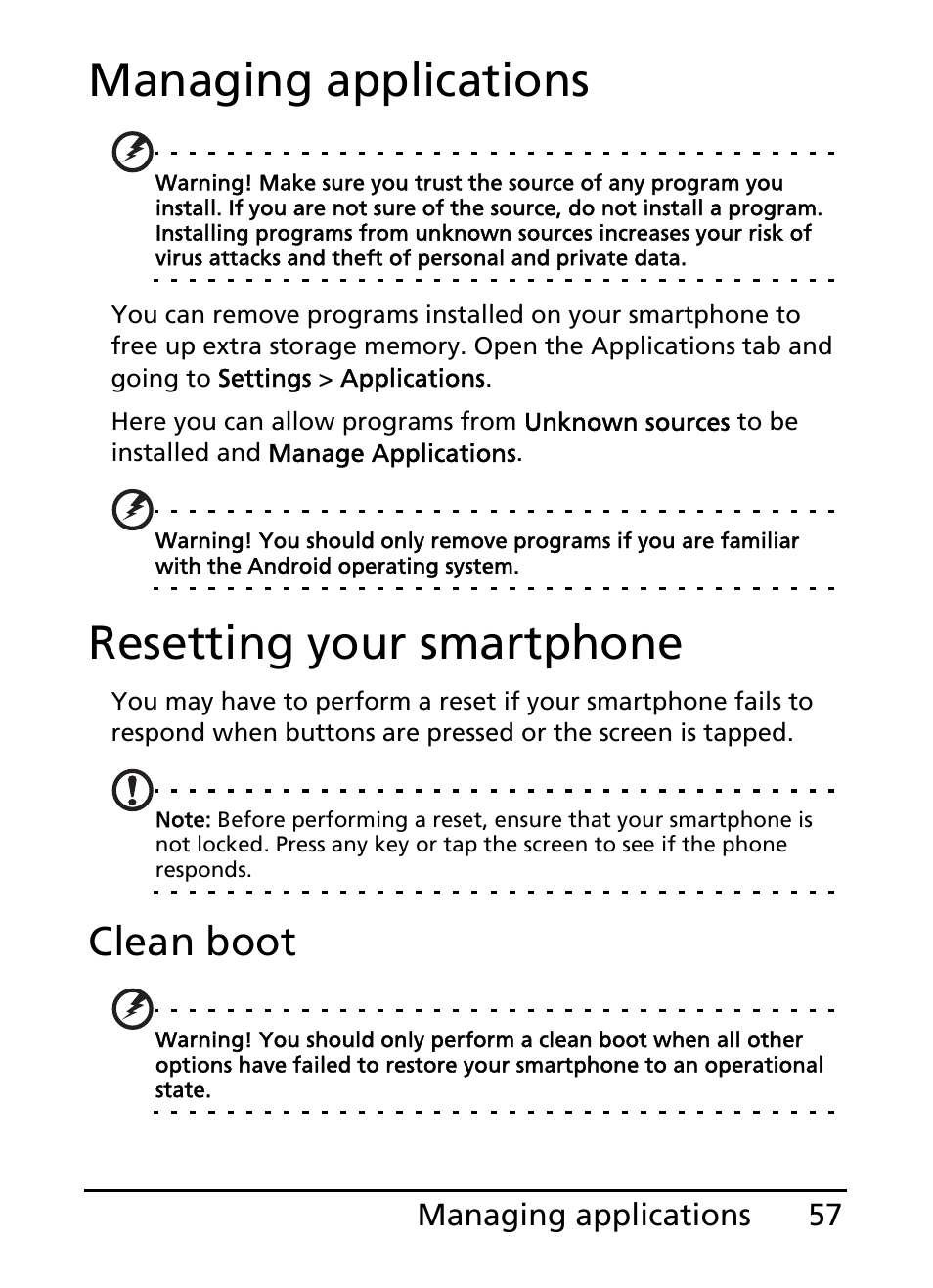 Managing applications, Resetting your smartphone, Managing applications resetting your smartphone | Clean boot, 57 managing applications | Acer E110 User Manual | Page 57 / 76