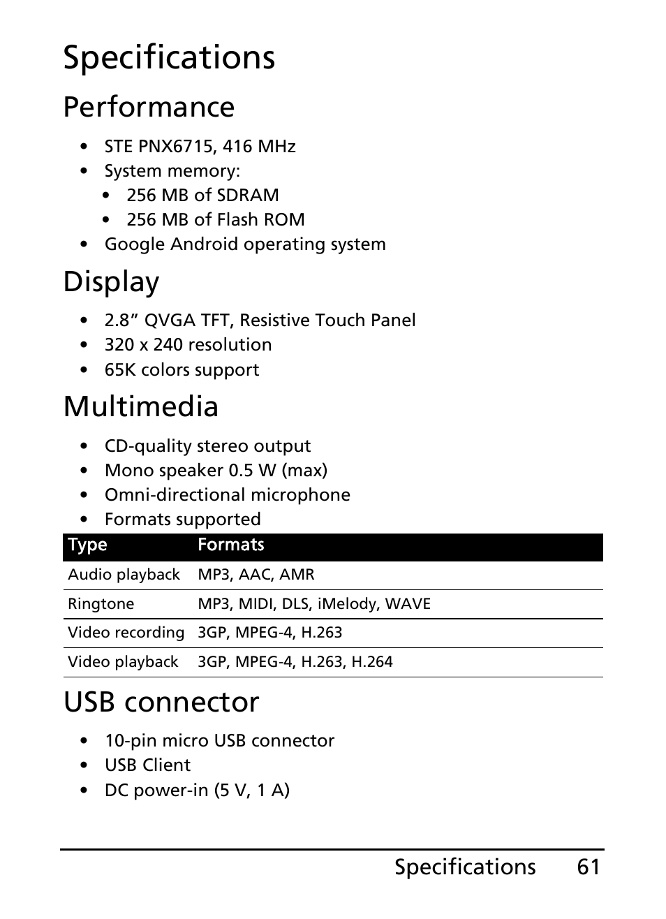 Specifications, Performance, Display | Multimedia, Usb connector | Acer E110 User Manual | Page 61 / 76
