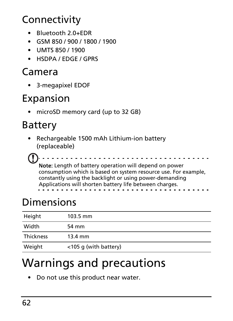 Warnings and precautions, Connectivity, Camera | Expansion, Battery, Dimensions | Acer E110 User Manual | Page 62 / 76