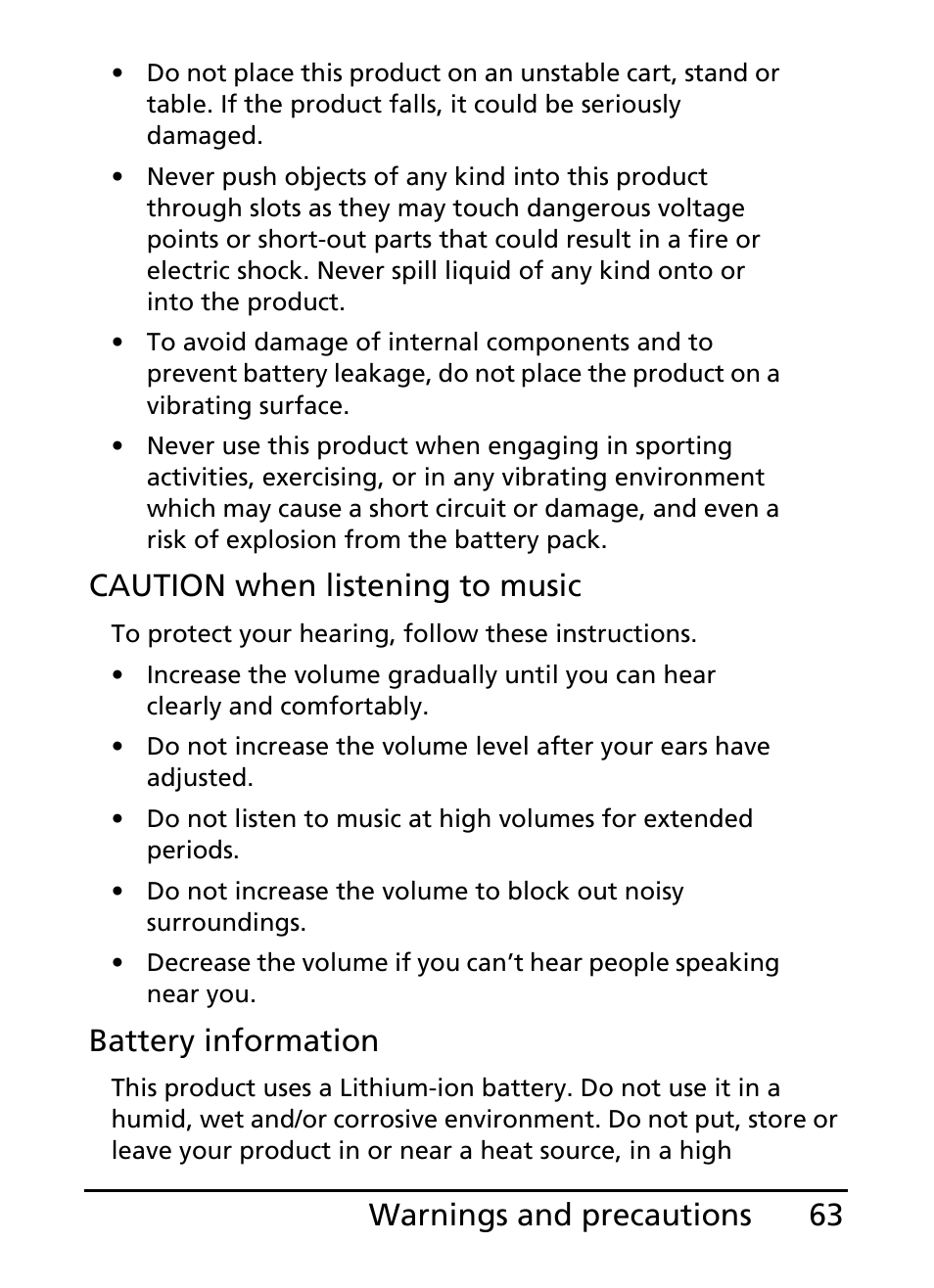 63 warnings and precautions, Caution when listening to music, Battery information | Acer E110 User Manual | Page 63 / 76