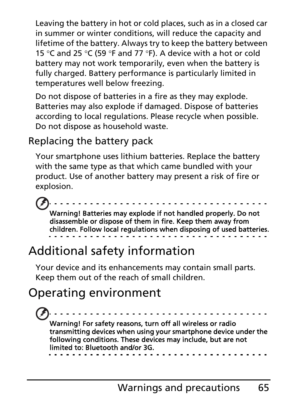 Additional safety information, Operating environment, 65 warnings and precautions | Replacing the battery pack | Acer E110 User Manual | Page 65 / 76