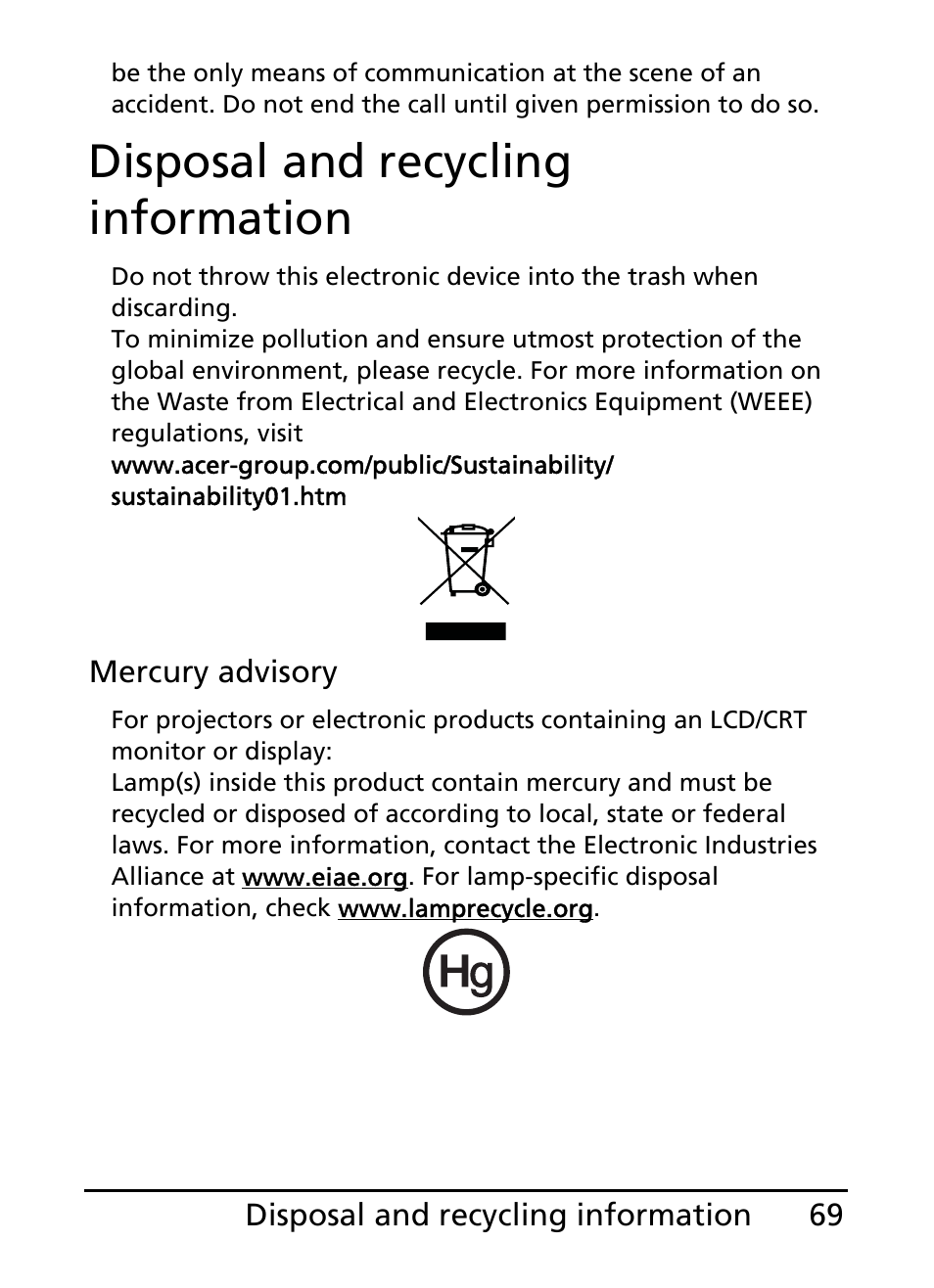 Disposal and recycling information | Acer E110 User Manual | Page 69 / 76