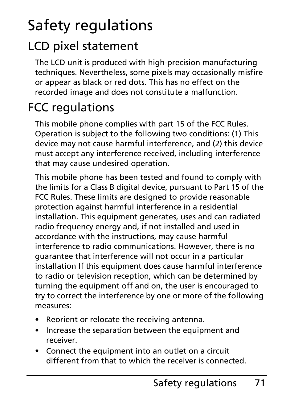 Safety regulations, Lcd pixel statement, Fcc regulations | Acer E110 User Manual | Page 71 / 76