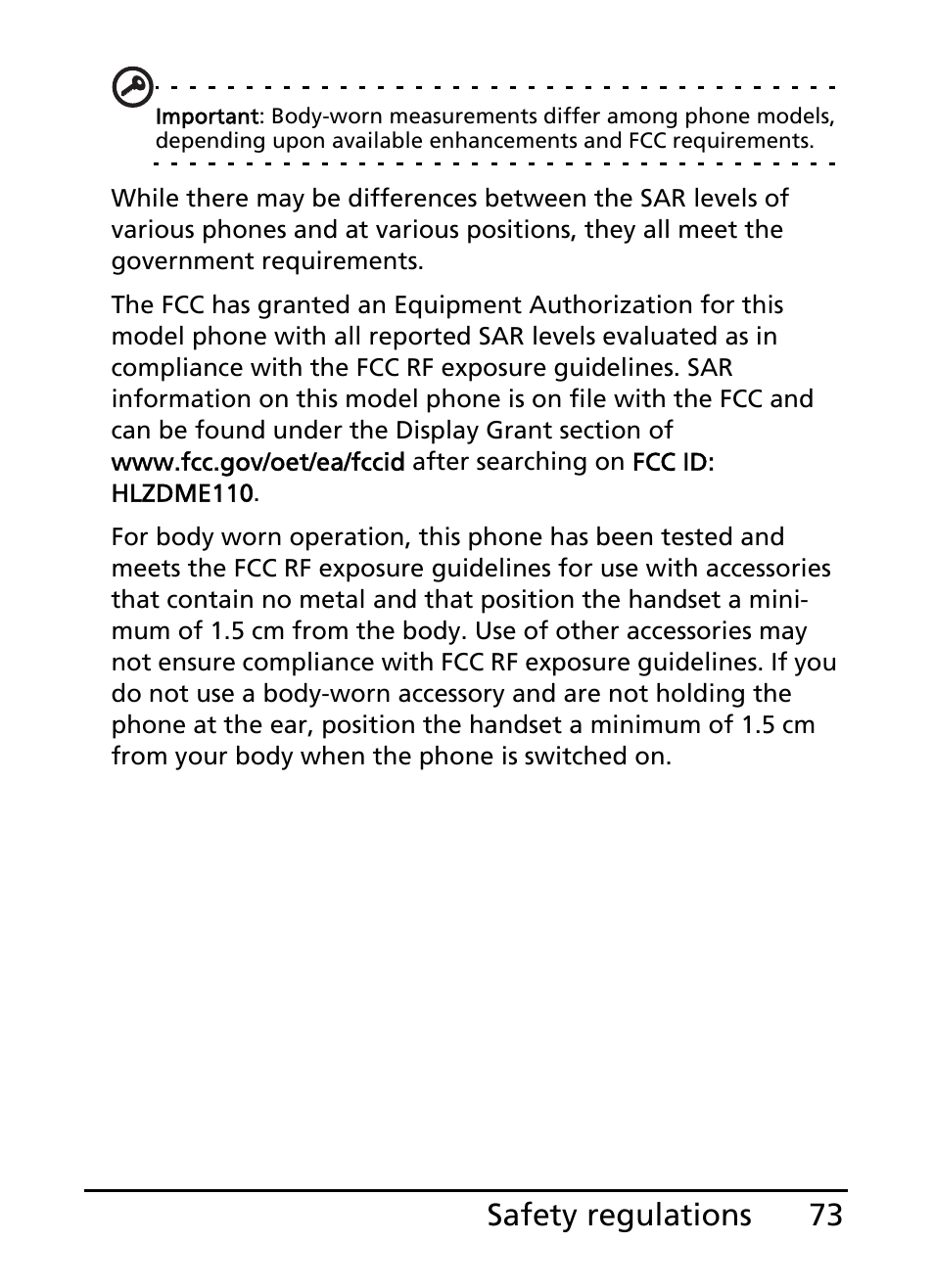 73 safety regulations | Acer E110 User Manual | Page 73 / 76