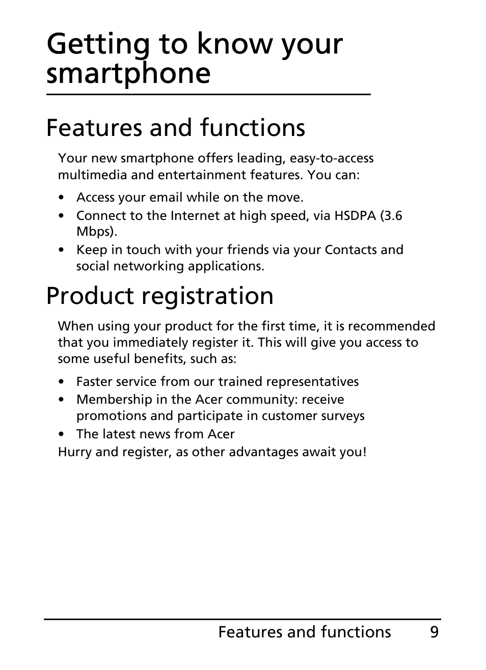 Features and functions, Product registration, Getting to know your smartphone | Features and functions product registration | Acer E110 User Manual | Page 9 / 76