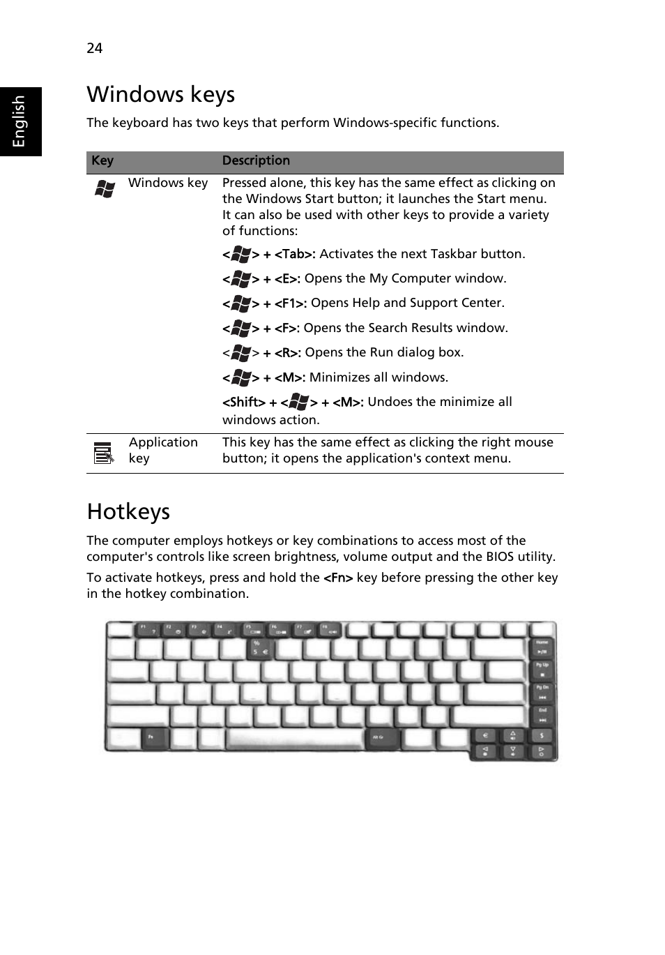 Windows keys, Hotkeys | Acer Aspire 1640Z User Manual | Page 34 / 87