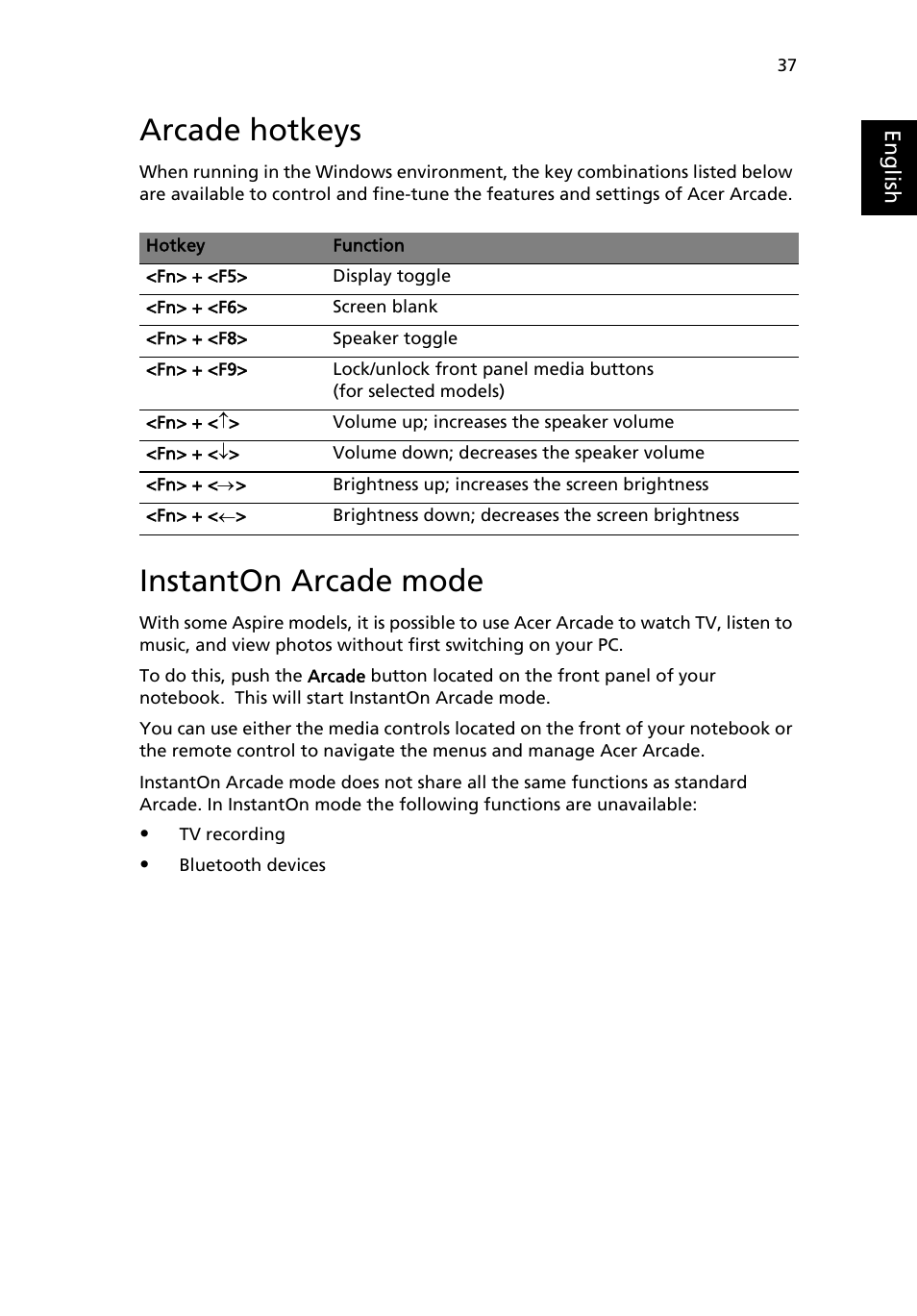 Arcade hotkeys, Instanton arcade mode | Acer Aspire 1640Z User Manual | Page 47 / 87