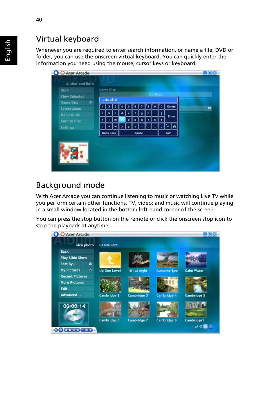 Virtual keyboard, Background mode | Acer Aspire 1640Z User Manual | Page 50 / 87