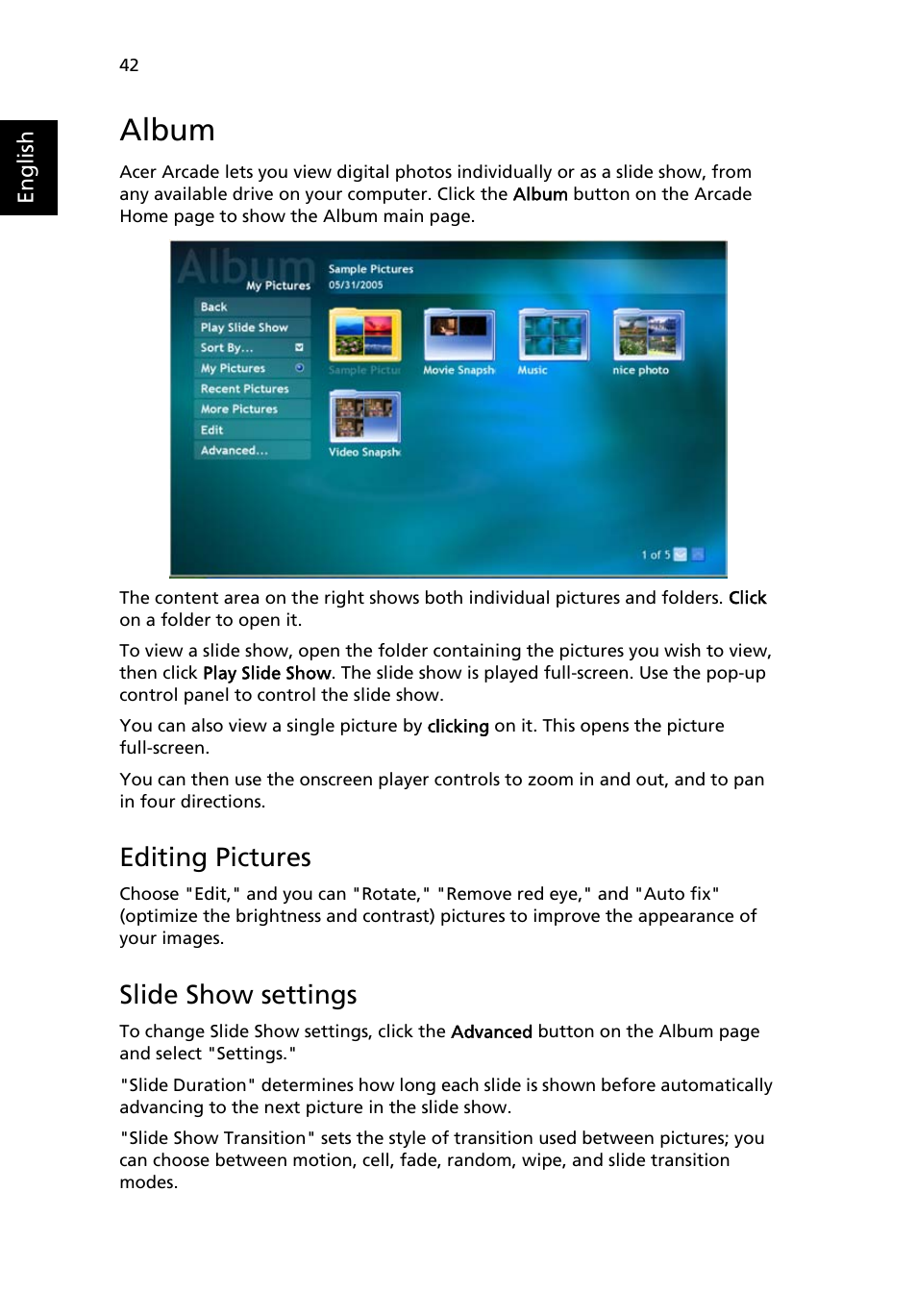 Album, Editing pictures, Slide show settings | Acer Aspire 1640Z User Manual | Page 52 / 87