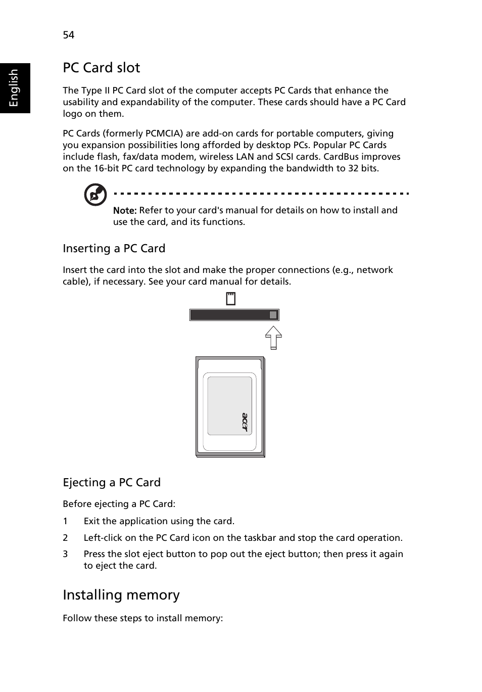 Pc card slot, Installing memory | Acer Aspire 1640Z User Manual | Page 64 / 87