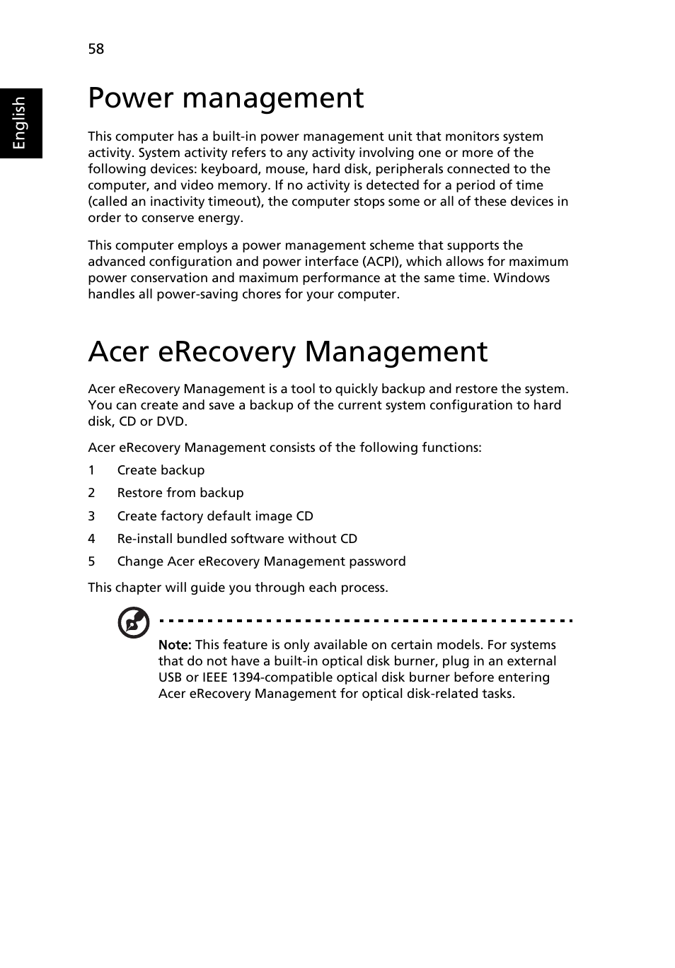 Power management, Acer erecovery management | Acer Aspire 1640Z User Manual | Page 68 / 87