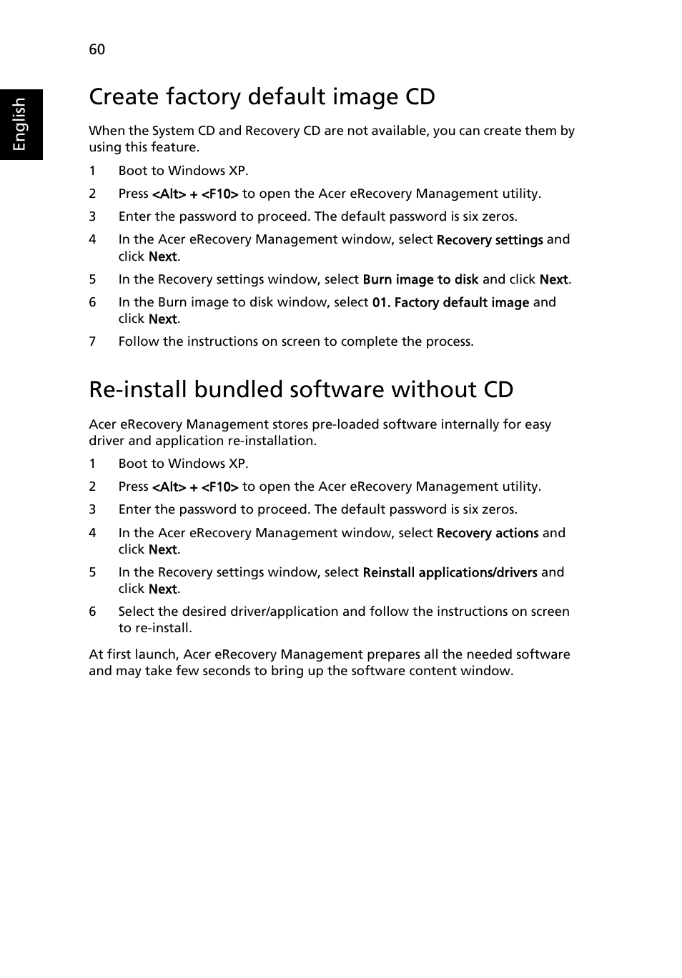 Create factory default image cd, Re-install bundled software without cd | Acer Aspire 1640Z User Manual | Page 70 / 87