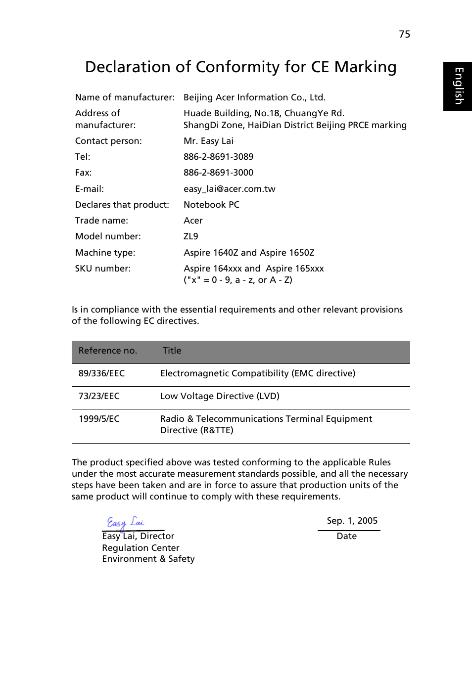 Declaration of conformity for ce marking, Eng lish eng lis h | Acer Aspire 1640Z User Manual | Page 85 / 87