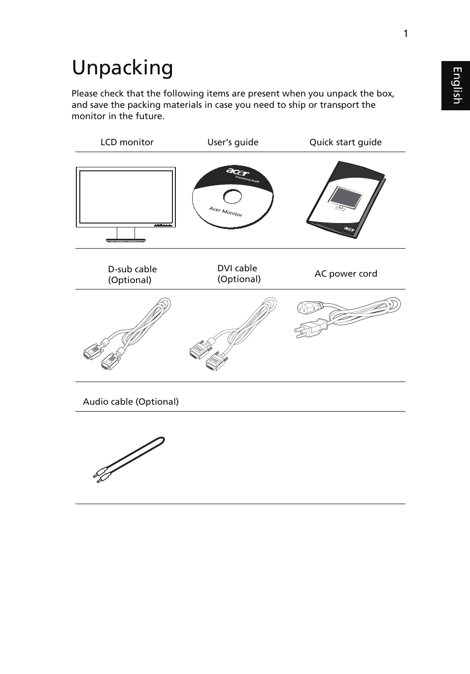 Unpacking | Acer V183HV User Manual | Page 14 / 27