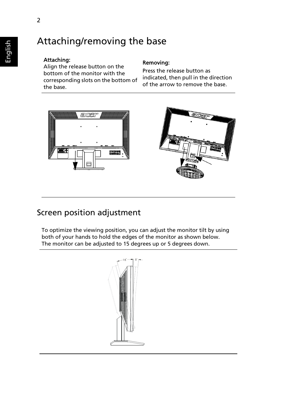 Attaching/removing the base, Screen position adjustment | Acer V183HV User Manual | Page 15 / 27