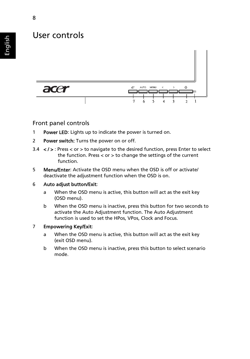 User controls | Acer V183HV User Manual | Page 21 / 27