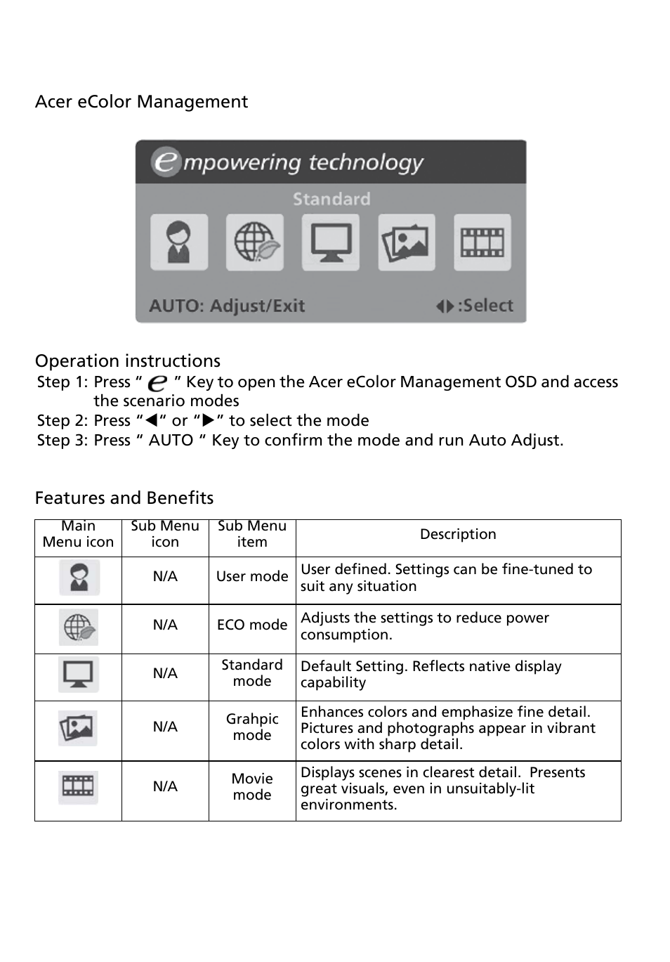 Acer ecolor management operation instructions, Features and benefits | Acer V183HV User Manual | Page 23 / 27