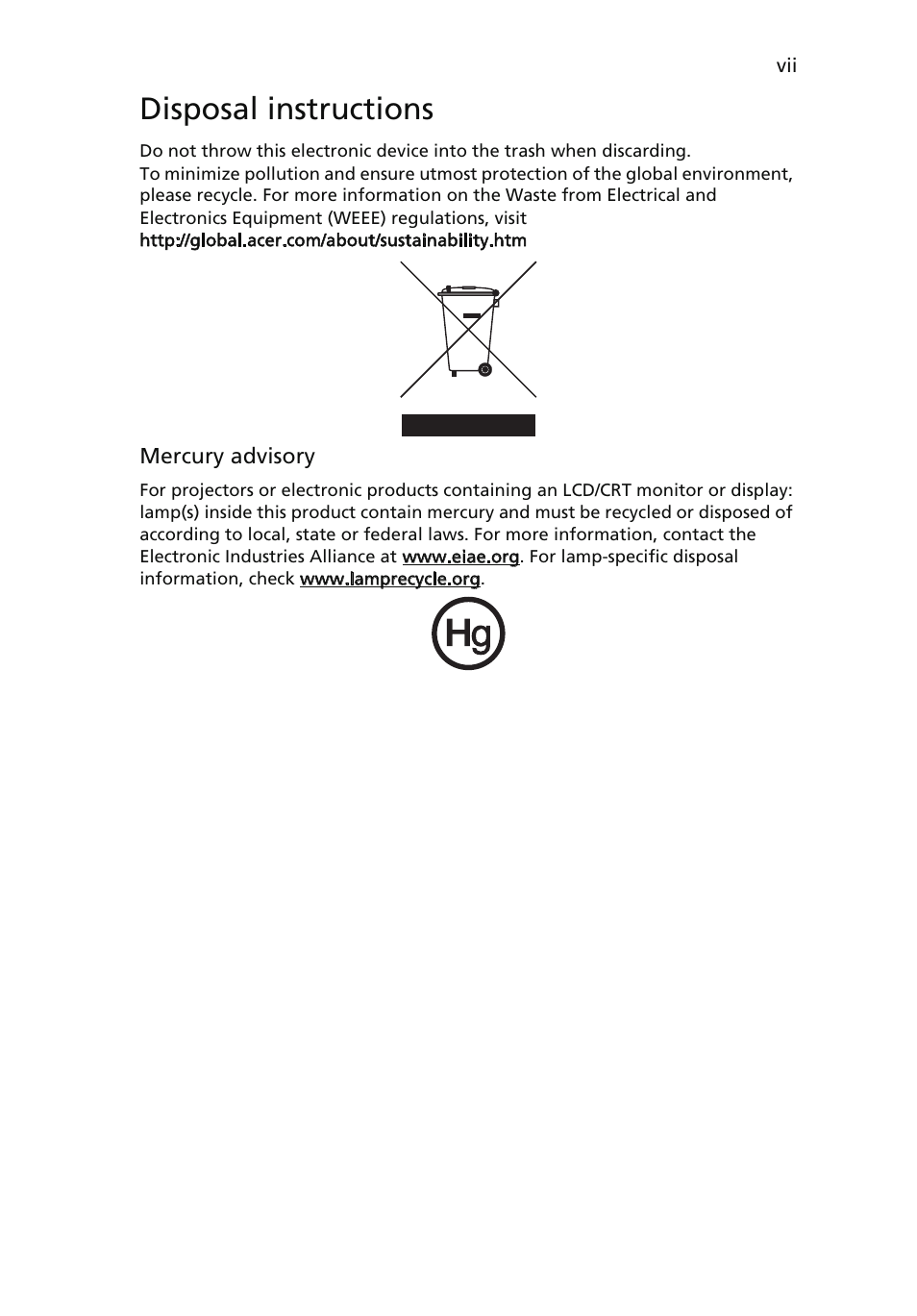 Disposal instructions | Acer V183HV User Manual | Page 7 / 27