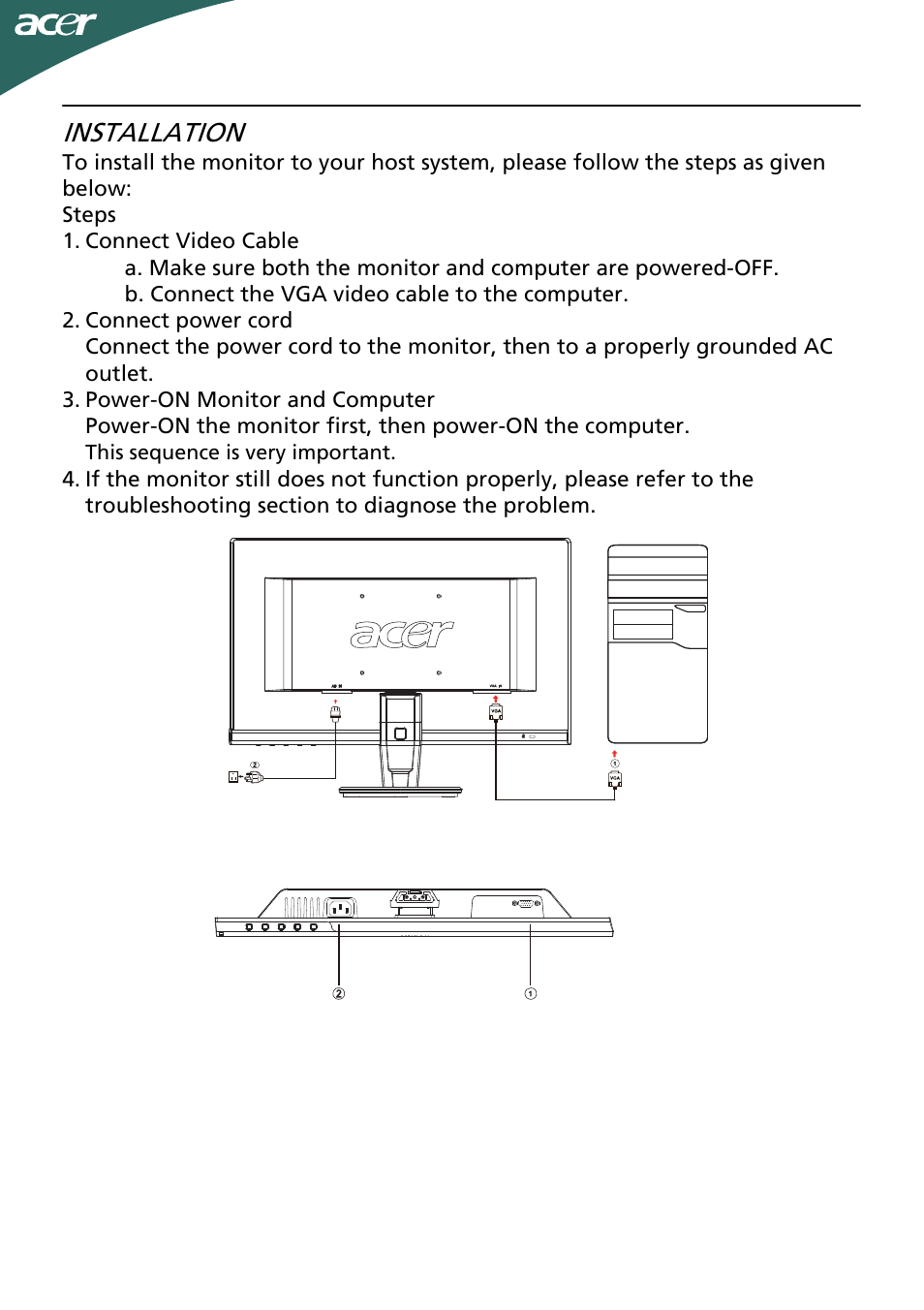 Installation | Acer P166HQL User Manual | Page 12 / 21