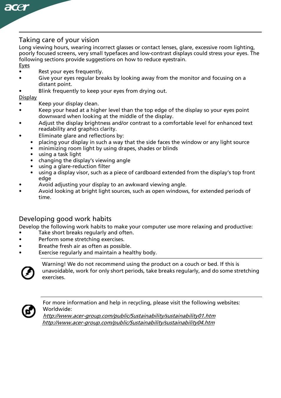 En-4 taking care of your vision, Developing good work habits | Acer P166HQL User Manual | Page 5 / 21