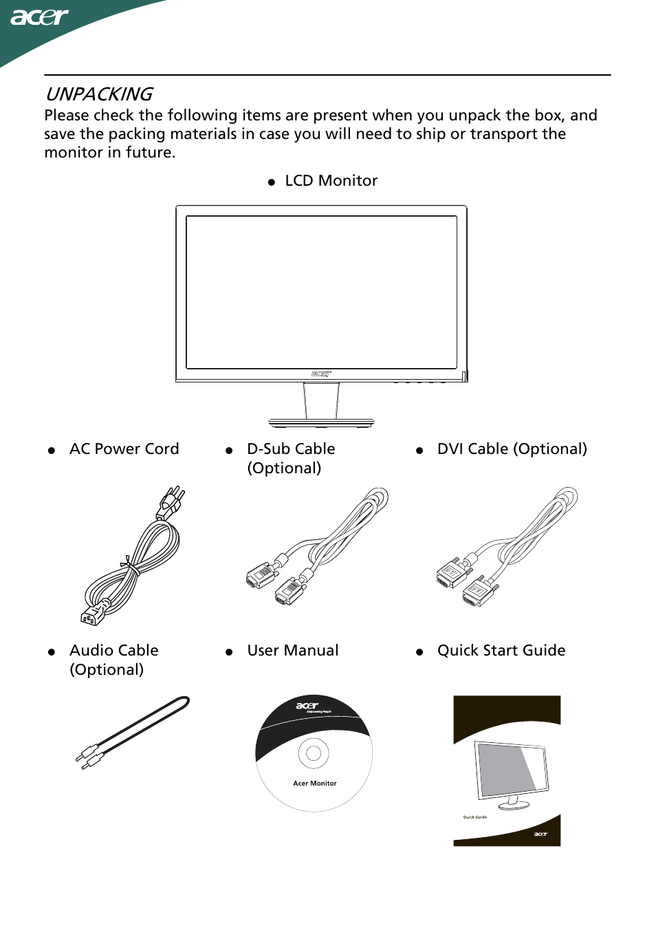 Unpacking, En-5, Lcd monitor | Ac power cord, D-sub cable (optional), Dvi cable (optional), Audio cable (optional), User manual, Quick start guide | Acer P166HQL User Manual | Page 6 / 21