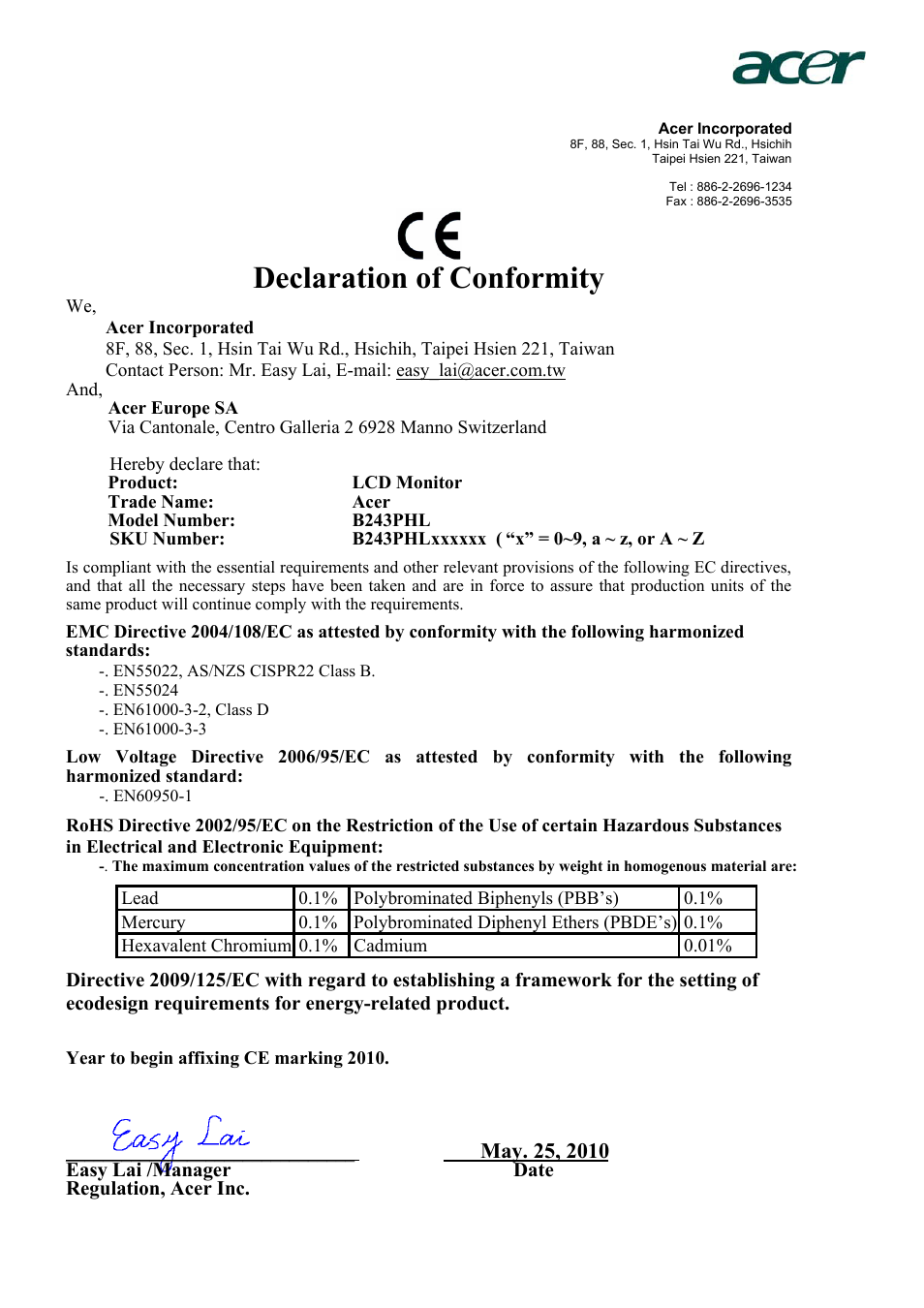 Declaration of conformity, Easy lai /manager date regulation, acer inc | Acer B243PHL User Manual | Page 10 / 29