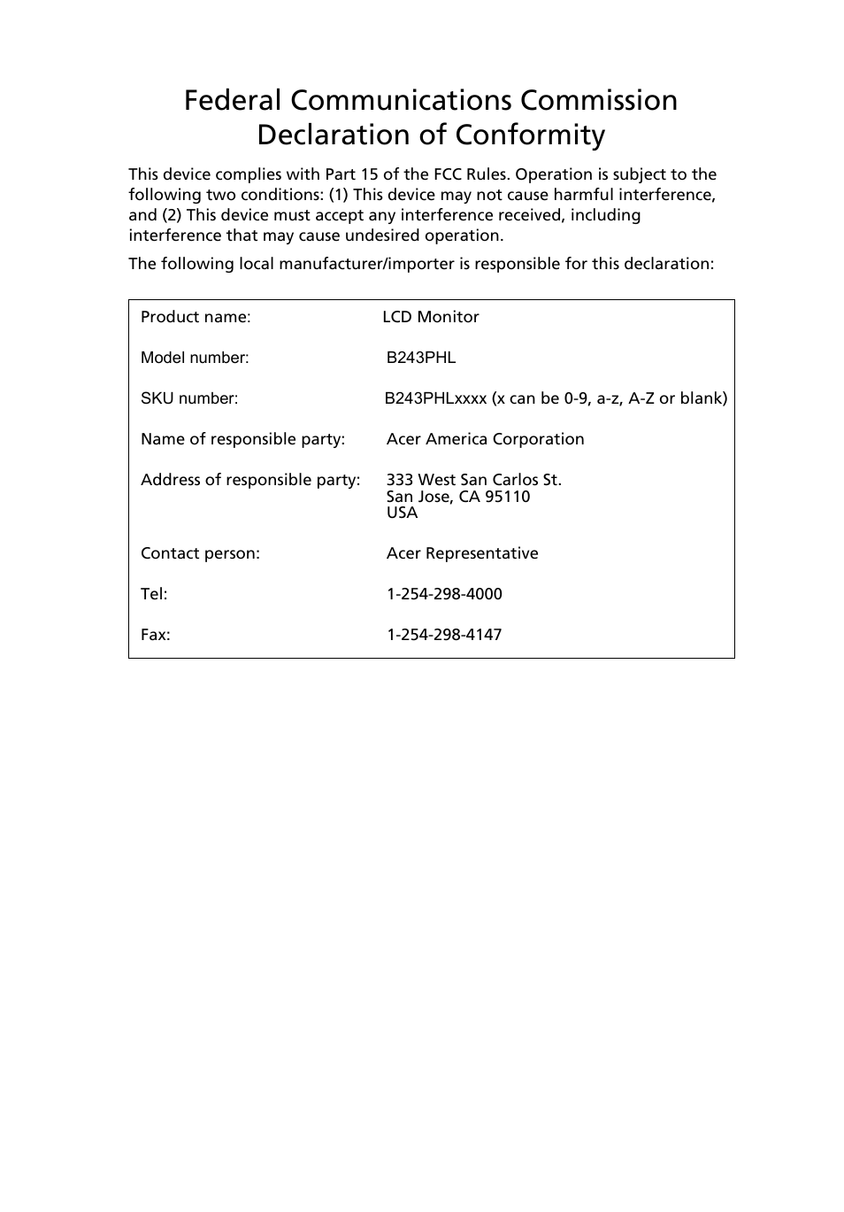 Acer B243PHL User Manual | Page 11 / 29