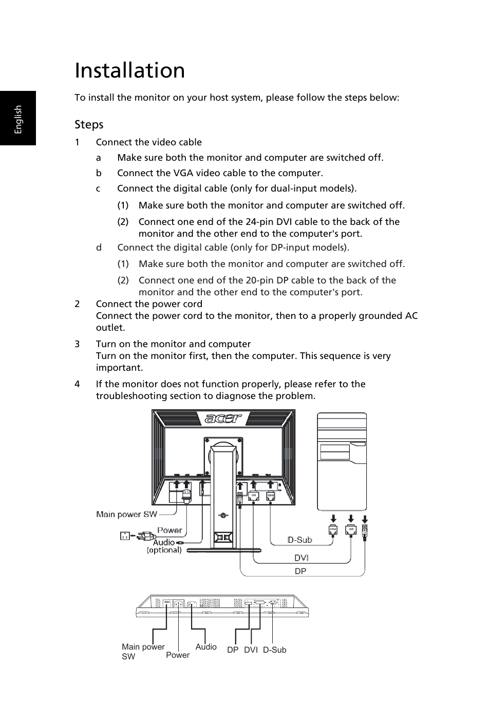 Installation, Steps | Acer B243PHL User Manual | Page 22 / 29