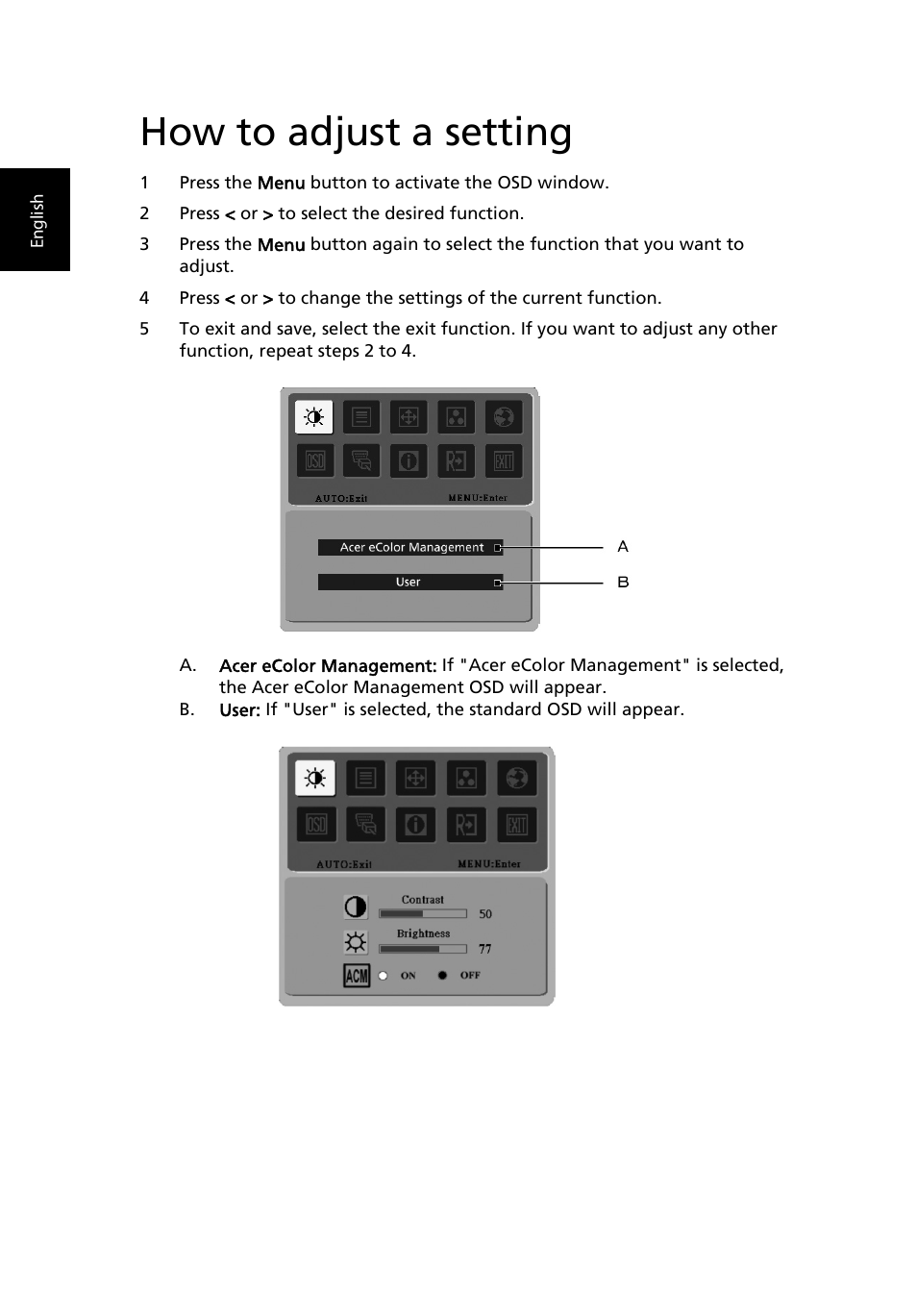How to adjust a setting | Acer B243PHL User Manual | Page 24 / 29
