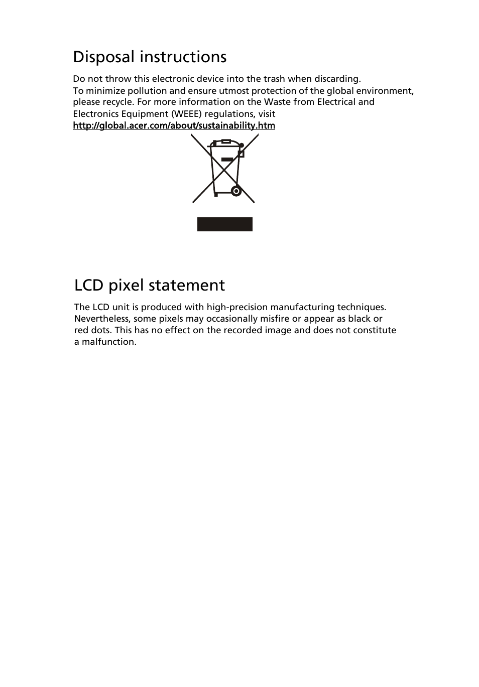 Disposal instructions, Lcd pixel statement | Acer B243PHL User Manual | Page 7 / 29