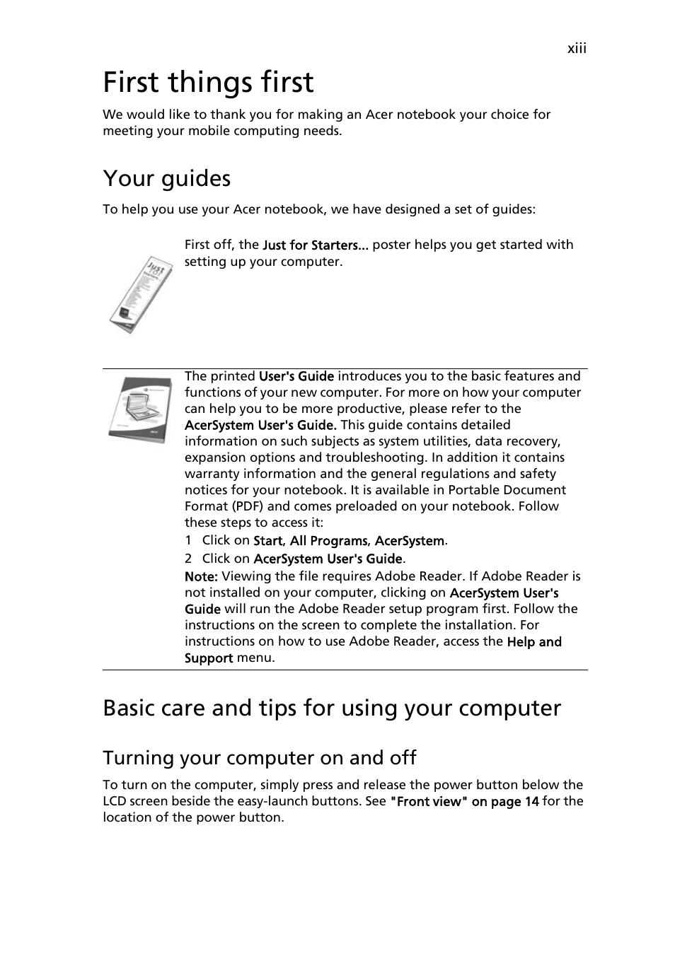First things first, Your guides, Basic care and tips for using your computer | Acer Extensa 7620Z User Manual | Page 13 / 100