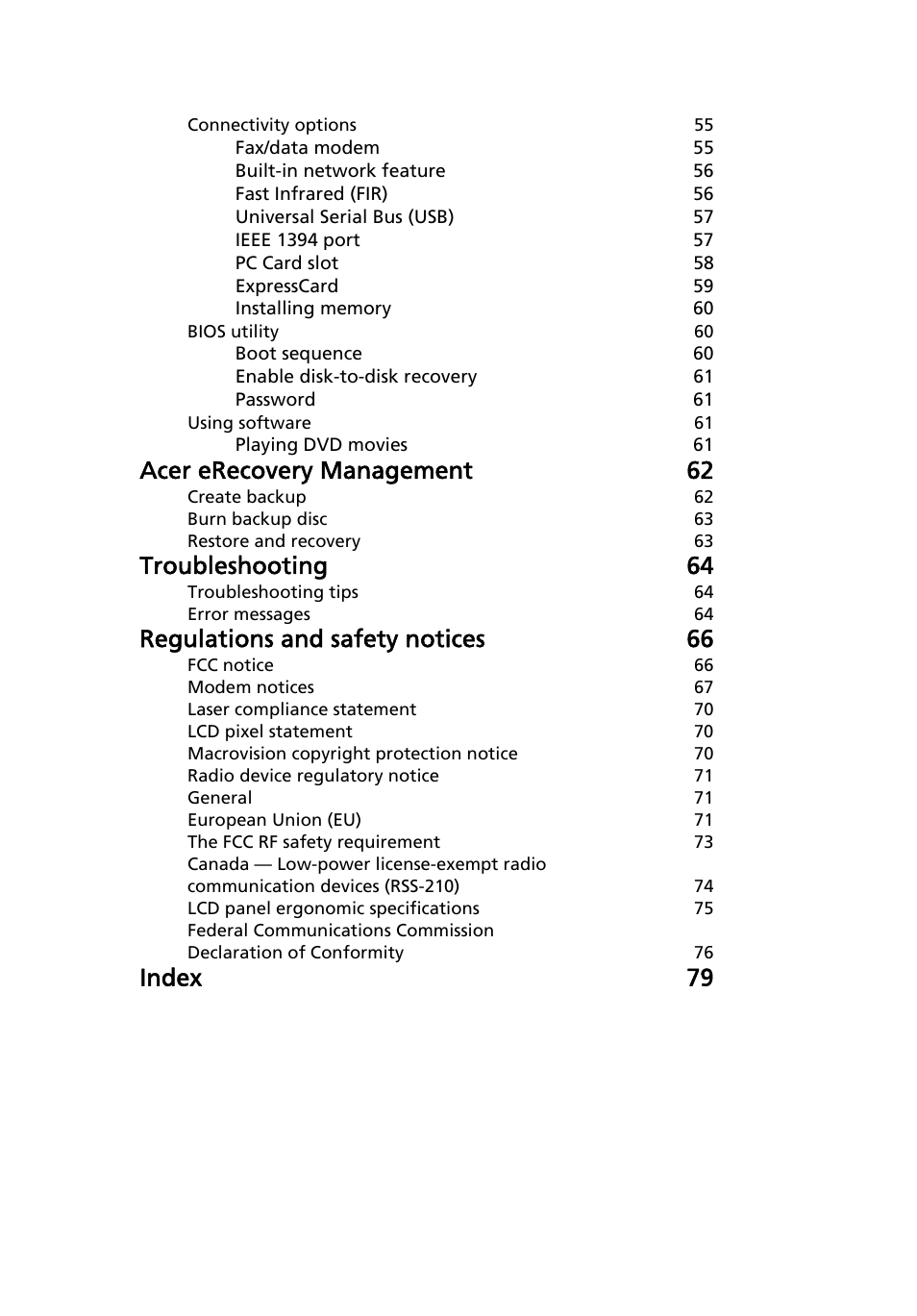 Acer erecovery management 62, Troubleshooting 64, Regulations and safety notices 66 | Index 79 | Acer Extensa 7620Z User Manual | Page 19 / 100