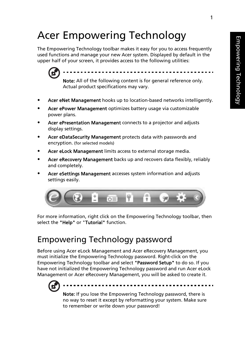 Acer empowering technology, Empowering technology password | Acer Extensa 7620Z User Manual | Page 21 / 100