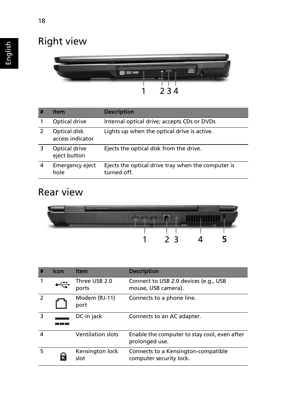 Right view, Rear view, Right view rear view | Acer Extensa 7620Z User Manual | Page 38 / 100