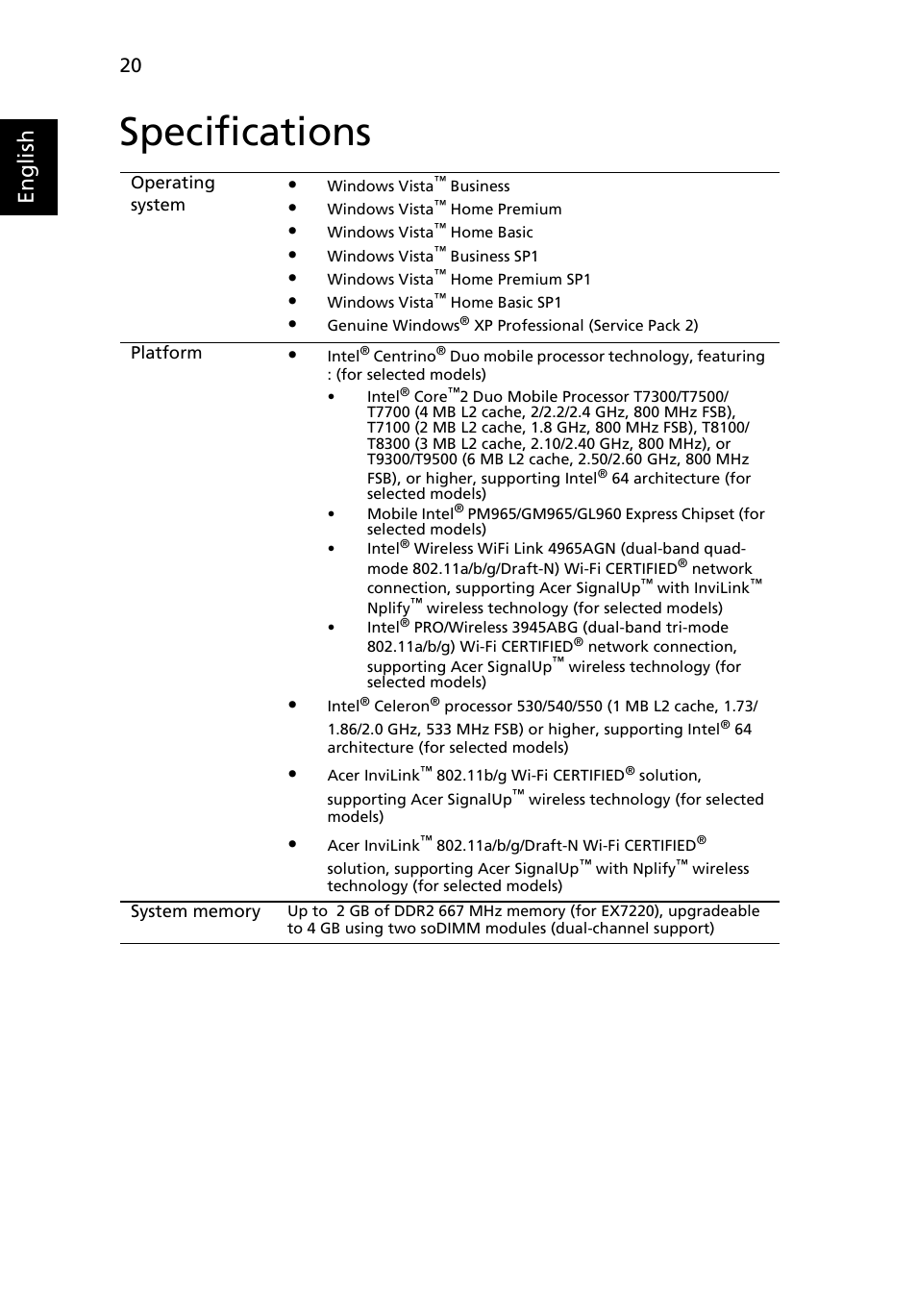 Specifications, English | Acer Extensa 7620Z User Manual | Page 40 / 100