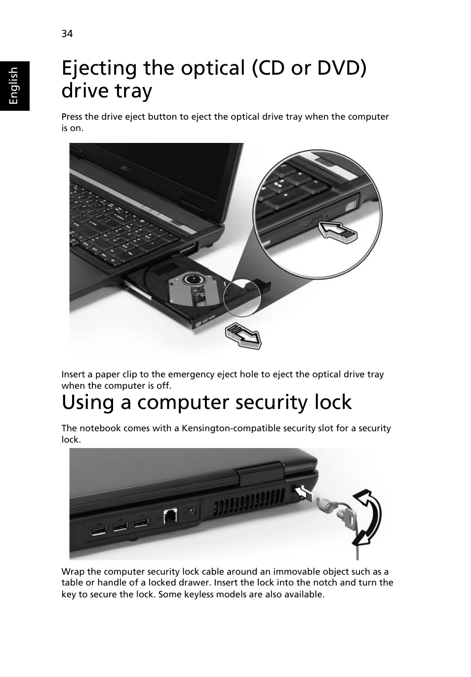 Ejecting the optical (cd or dvd) drive tray, Using a computer security lock | Acer Extensa 7620Z User Manual | Page 54 / 100