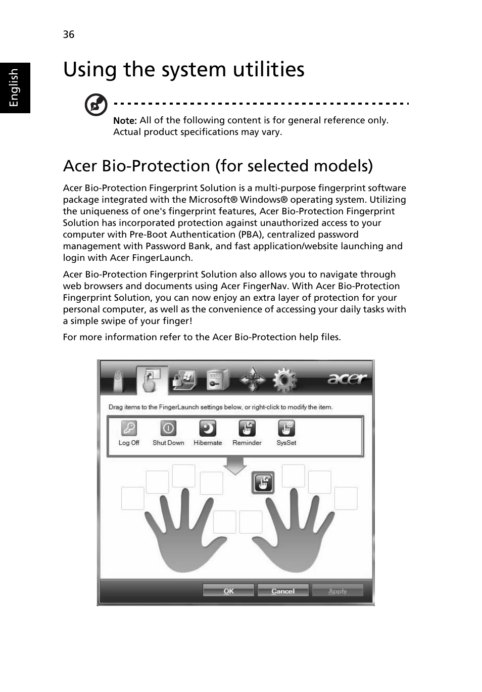 Using the system utilities, Acer bio-protection (for selected models) | Acer Extensa 7620Z User Manual | Page 56 / 100