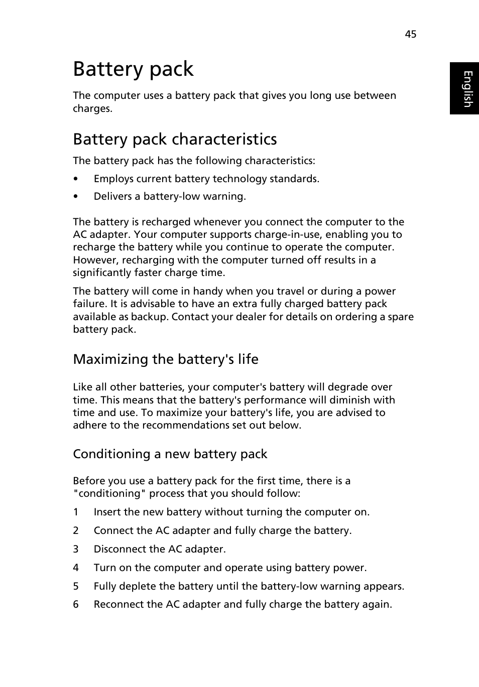Battery pack, Battery pack characteristics, Maximizing the battery's life | Installing and removing the battery pack | Acer Extensa 7620Z User Manual | Page 65 / 100