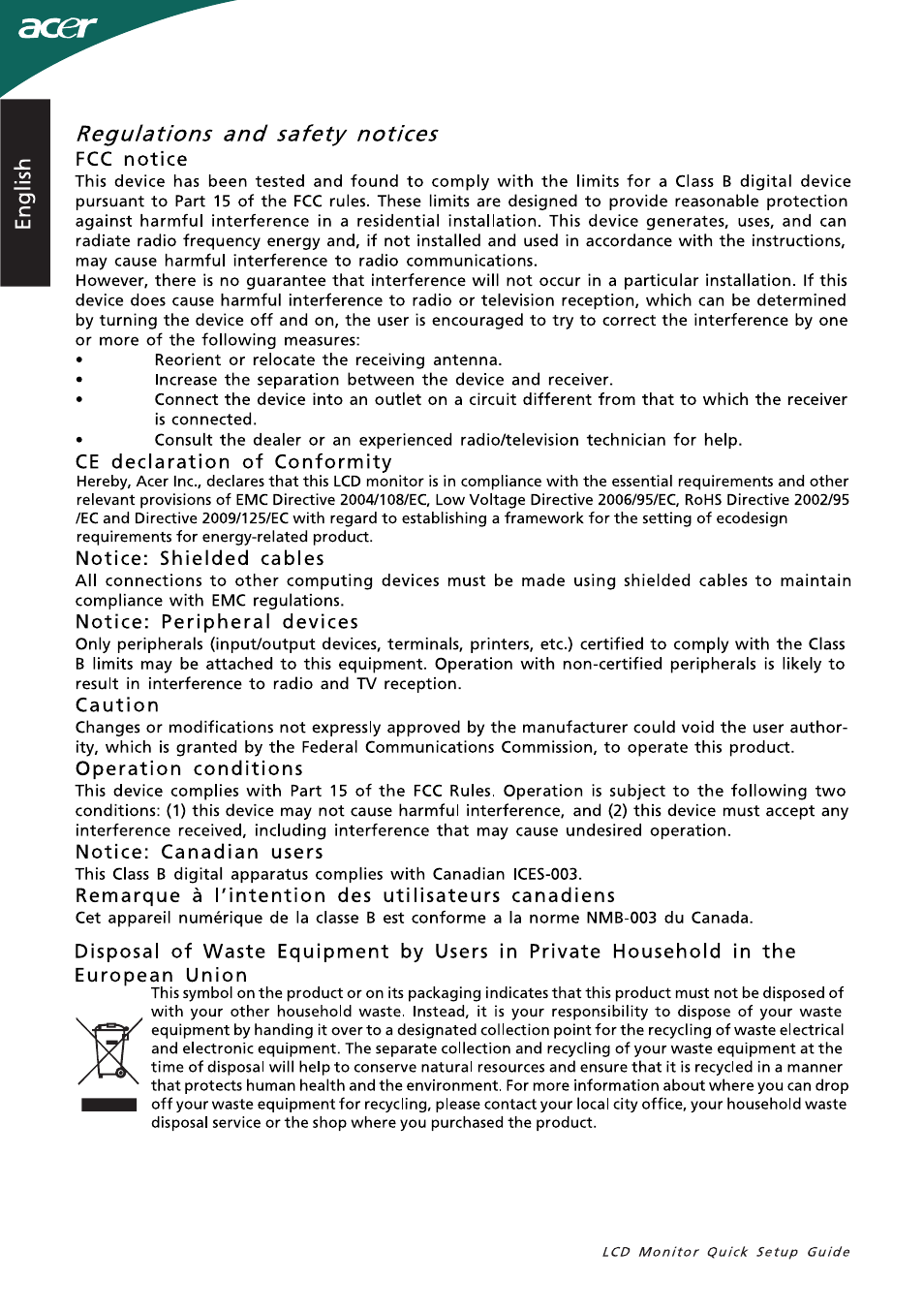 Regulations and safety notices fcc notice, Ce declaration of conformity, Notice: shielded cables | Notice: peripheral devices, Caution, Notice: canadian users, Remarque à l'intention des utilisateurs canadiens, Regulations and safety notices | Acer B233HL User Manual | Page 2 / 2