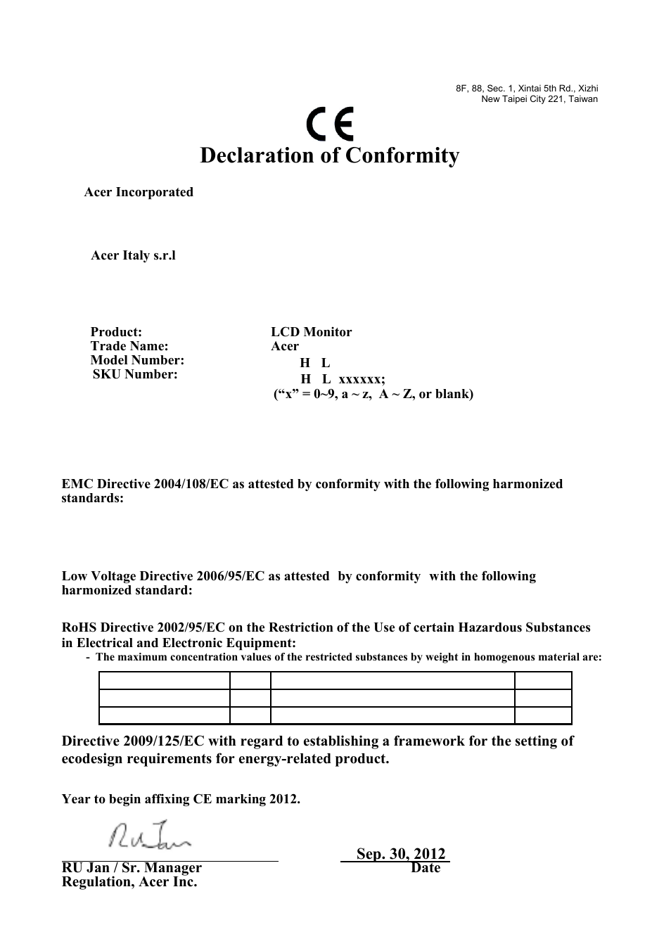 Declaration of conformity | Acer S190HQL User Manual | Page 25 / 27
