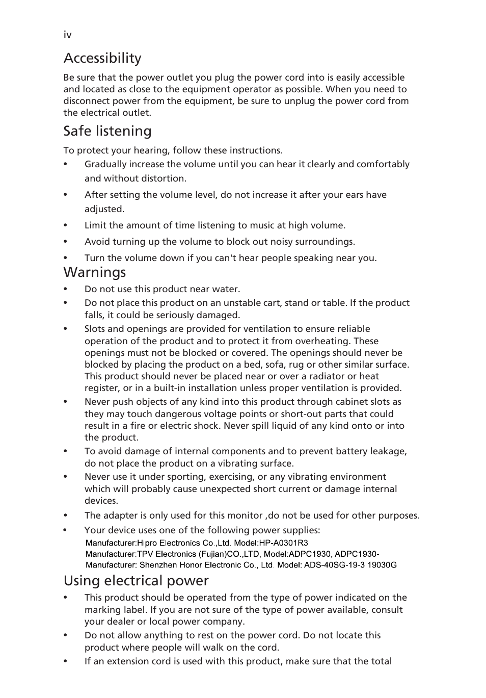 Accessibility, Safe listening, Warnings | Using electrical power | Acer S190HQL User Manual | Page 4 / 27